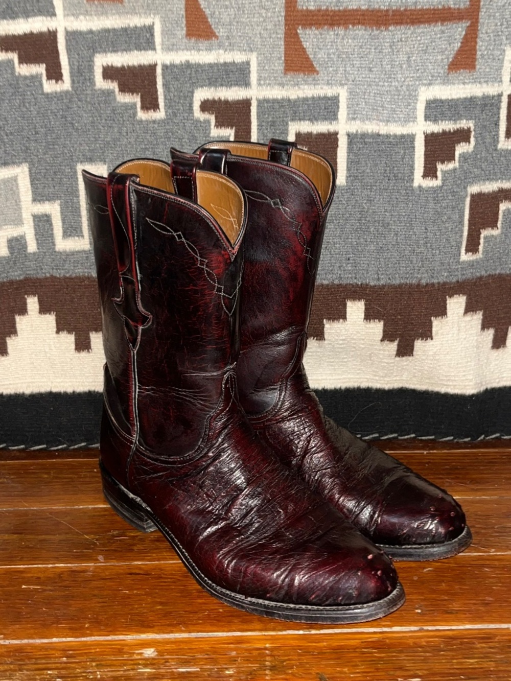 Vintage Lucchese Ostrich Black Cherry Cowboy Boots Handmade Mens Size 10.5D